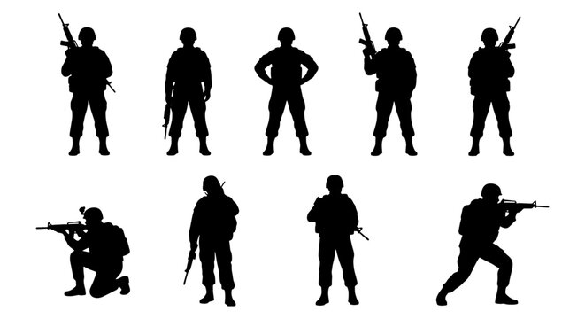 Military soldier silhouettes set, 9 armed infantry warrior vector elements, black army commando figures with rifles, tactical special forces icons