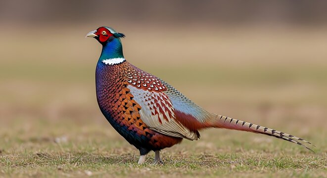 Colorful pheasant standing proudly in a grassy field.