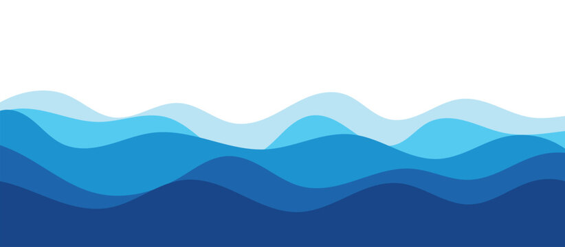 Abstract blue ocean waves background. Layered flowing water curves design. Modern minimal sea wave pattern. Smooth marine landscape illustration.
