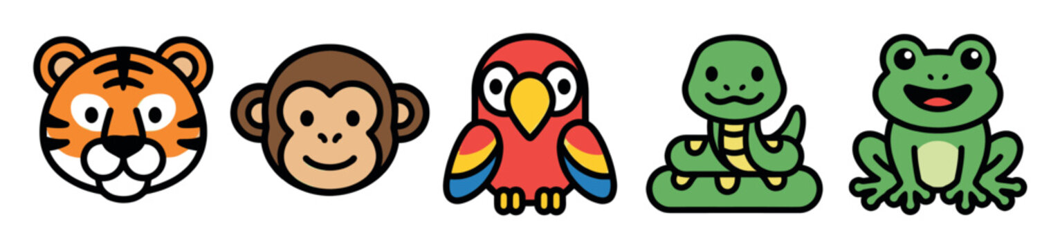 A delightful collection of five cheerful cartoon jungle animals, including a tiger, monkey, parrot, snake, and frog, rendered in a simple, flat vector style on a clean white background.