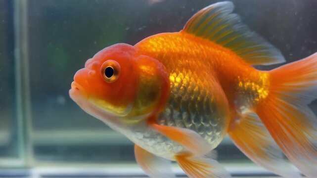 Cute Oranda Goldfish Swimming in Aquarium Tank