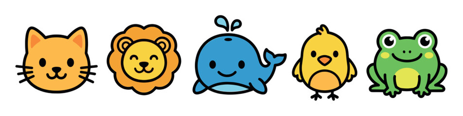 Obraz premium A set of five adorable, simplified cartoon animals including a cat, lion, whale, chick, and frog against a clean white background.