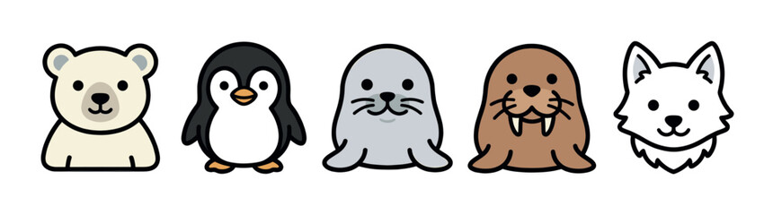 Obraz premium A collection of five adorable, cartoon-style Arctic animals including a polar bear, penguin, seal, walrus, and arctic fox in a single row.