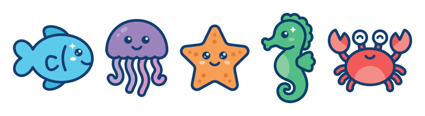 Naklejka premium A vibrant collection of five adorable cartoon sea creatures, including a fish, jellyfish, starfish, seahorse, and crab, arranged in a line against a clean white background.