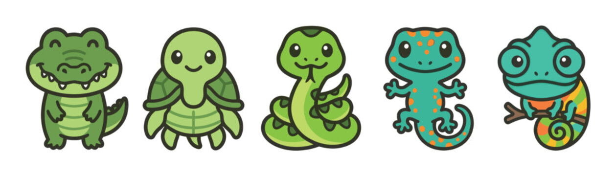 A collection of five adorable, stylized cartoon reptiles and amphibians, including an alligator, turtle, snake, gecko, and chameleon, with a friendly and playful mood.