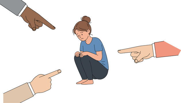 Sad frustrated young woman sitting on floor while multiple hands pointing fingers at her for social bullying and public shaming concept flat vector
