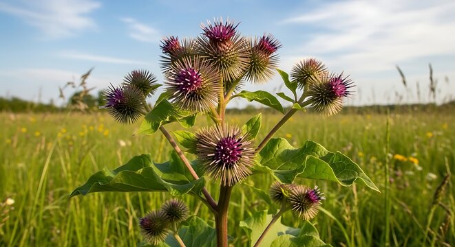 Burdock Plant Blooming in a Green Meadow.
