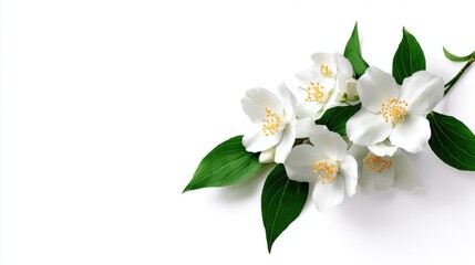 Fototapeta premium Fresh White Jasmine Flowers with Green Leaves on White Background