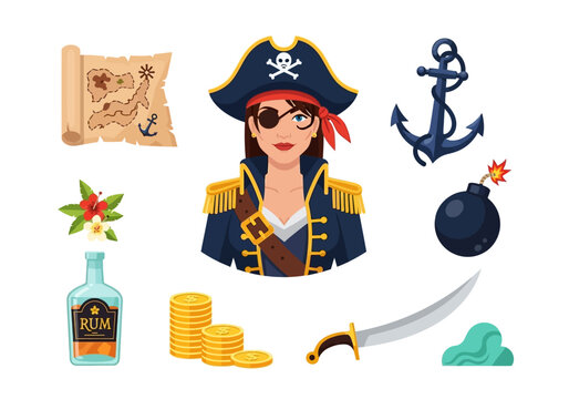 Female Pirate Captain Vector Illustration Set - Nautical Adventure Icons with Treasure Map, Sword, Gold Coins, Anchor, and Rum