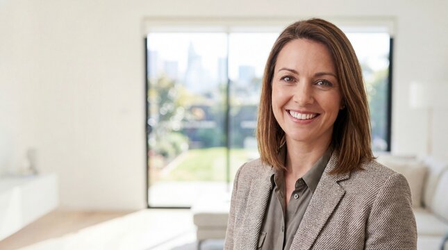 portrait of confident mature caucasian businesswoman smiling at camera. successful female executive in modern office or home interior. corporate leadership. web banner with copyspace.