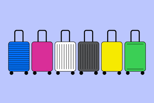 Set of Colorful Travel Suitcases with Wheels and Retractable Handles, Blue Pink White Black Yellow and Green Luggage Bags for Vacation Trip and Business Journey Vector Icons Collection