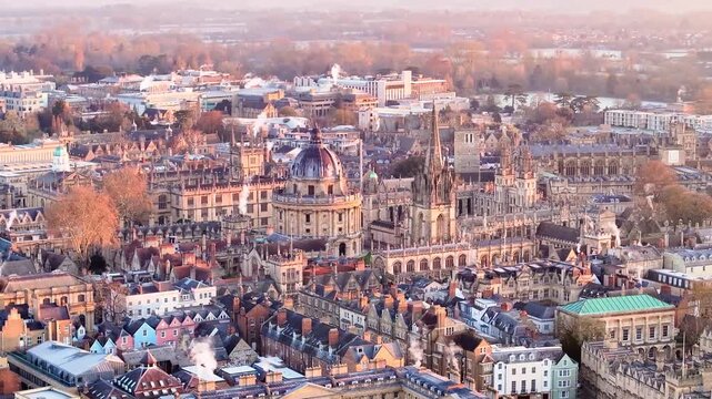 Aerial view of Radcliffe Camera amidst the historic buildings, creating a captivating tapestry of architecture, Oxford, England, United Kingdom.