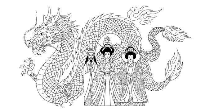 Traditional Chinese Dragon and Imperial Figures Line Art Coloring Page
