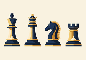 Minimalist Vector Chess Pieces Illustration - King, Queen, Knight, and Rook Flat Design for Business Strategy, Leadership, and Strategic Planning Concepts © Olga