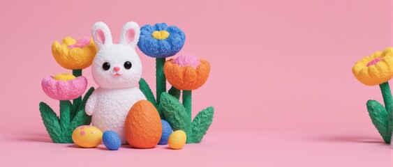 Naklejka premium White Easter Bunny Large Orange Textured Egg Spring Flowers Pink Background Wide Banner Copy Space