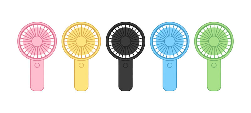 Handheld Portable Mini Fan Icons Set in Various Colors, Electric Personal Cooling Device for Summer and Travel Isolated on White Background