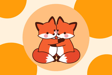 Obraz premium Cute Two Foxes Hugging and Embracing Illustration on Orange Background, Sweet Loving Animal Characters Vector for Kids and Romantic Design
