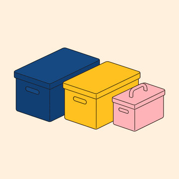 Isometric Storage Box and Organizer Case Set for Home and Office Neatness, Vector 2.5D Illustration of Stacked Containers for Household Belongings