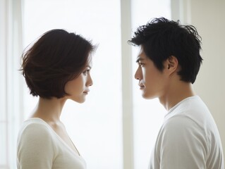 Fototapeta premium 見つめ合い対立するような真剣な表情の若い男女の横顔が印象的なポートレート