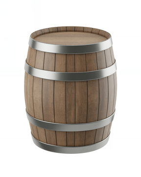 Wooden barrel with metal bands on white background isolated