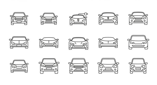Collection of Front-View Car Illustrations in Outline Style.