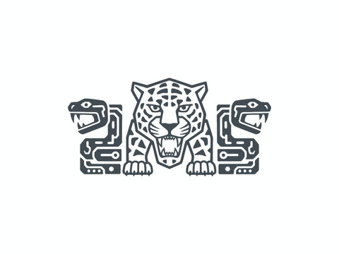 Tribal jaguar and two snakes symmetric illustration vector