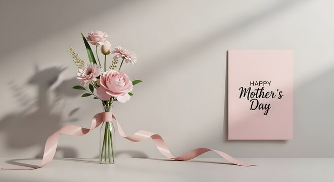 A delicate still life featuring a vase of pink roses and a mother's day card bathed in soft diffused light creating a serene atmosphere