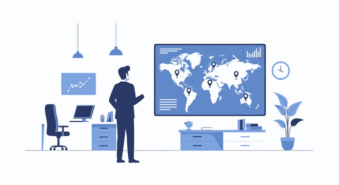 Businessman analyzing world map office setting digital data visualization business strategy worldwide network