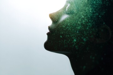 Obraz premium Female caucasian young profile immersed in green particulate haze breathing light and micro particles evocative silhouette with soft backlight and serene upward gaze