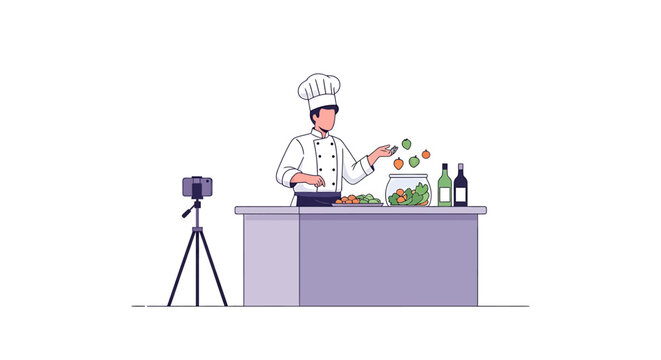 Chef preparing food with camera streaming kitchen illustration