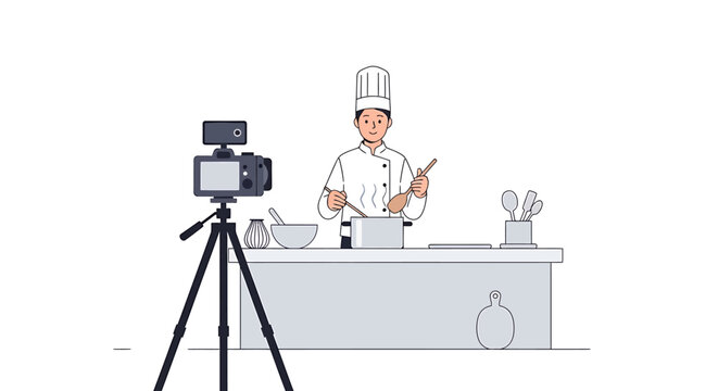 Chef cooking demonstration video creation with camera and kitchen equipment
