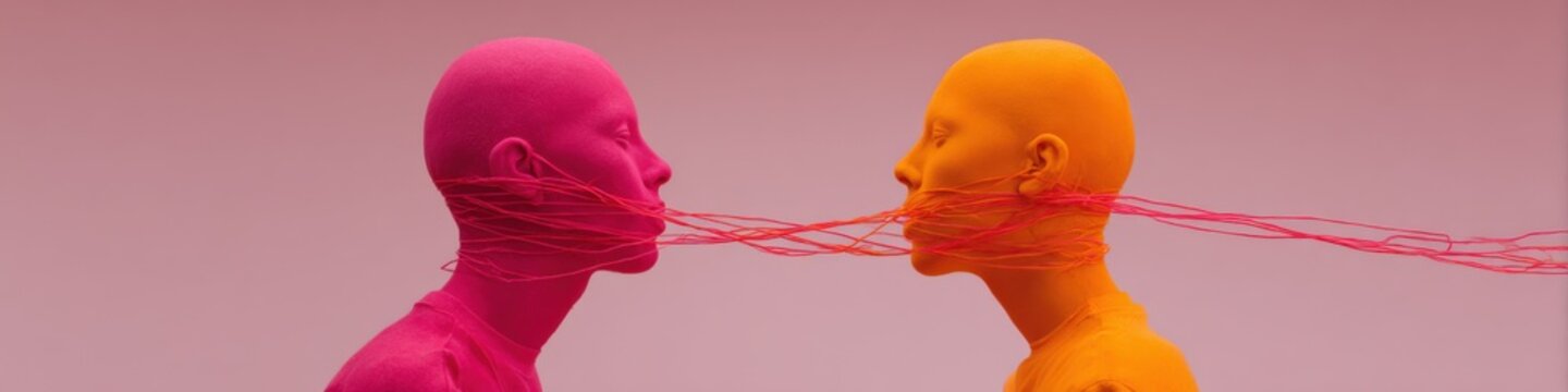 Pink adult female caucasian and orange adult male caucasian yarn heads facing each other connected by red threads in abstract conceptual confrontation and communication