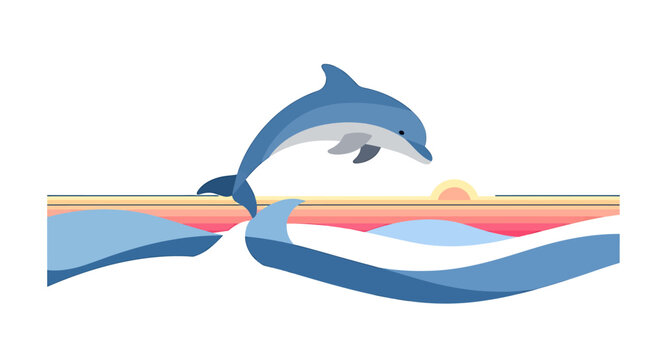 Jumping dolphin illustration over waves and sun symbolizing freedom