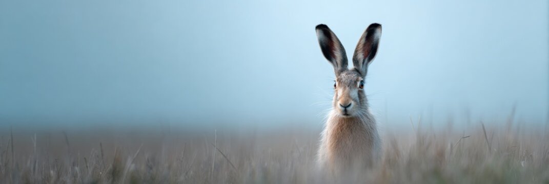 Brown hare peeking through tall grass with erect ears in cool blue morning light intimate wildlife portrait in open field