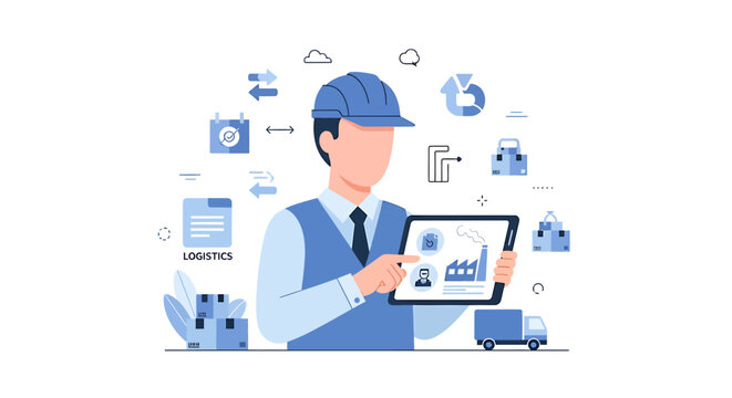 Logistics management professional overseeing supply chain operations using digital interface vector illustration