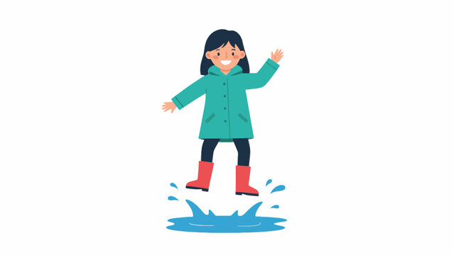Girl in raincoat jumping in water puddle vector illustration