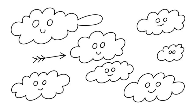 Vector of happy clouds with faces and speech bubble showing emotions