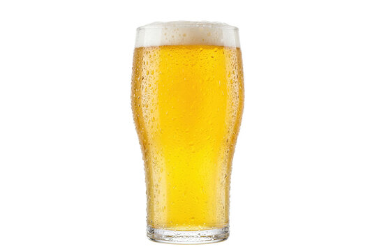 isolated frosty pint glass of golden lager on transparent background