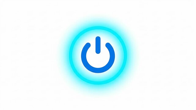 Glowing blue power button turning on animation on white background