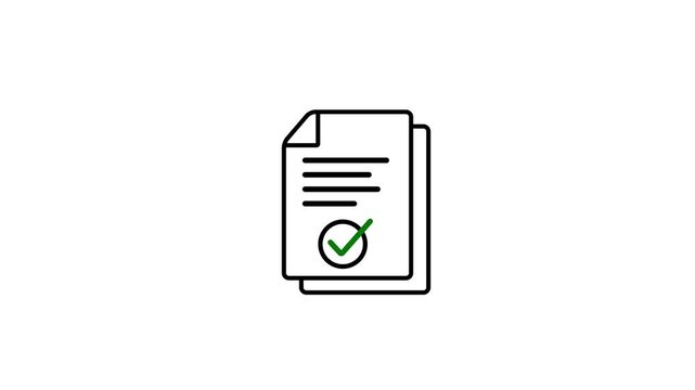 Document Approval Animation with Green Checkmark Icon on white Background, Concept of Business Agreement, Certified Contract, Legal Success, and Task Completion Motion Graphics.