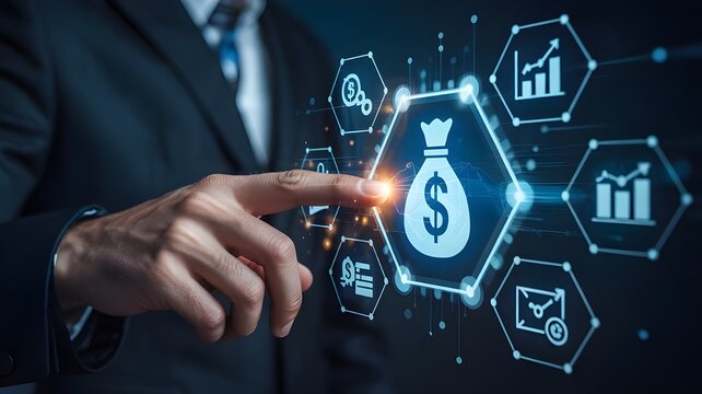 Businessman touching a digital interface with a money bag icon, representing financial management, investment, banking, and digital finance technology