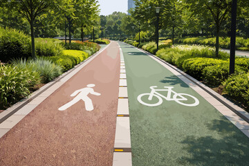 Obraz premium Pedestrian and Bicycle Lane in Urban Park with Sustainable Transport Concept