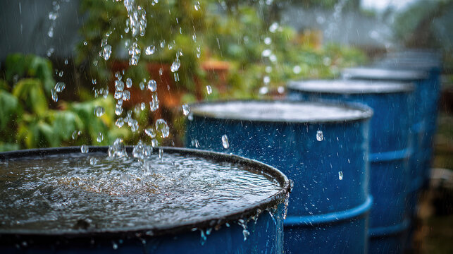 Rainwater Harvesting: Raindrops cascade into a row of weathered blue barrels, a visual testament to a sustainable future, as nature replenishes the earth.