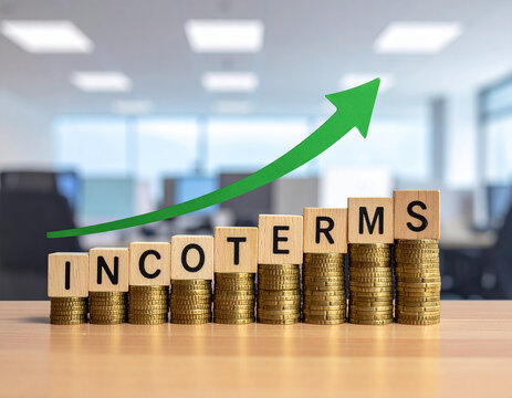 Holzklötze bilden das Wort "Incoterms" auf Münzstapel , mit einen steigenden grünen Pfeil.