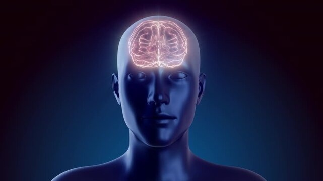 Frontal view 3D visualization of human head with bright glowing brain. Symbolic of artificial intelligence, high intelligence, logical thinking, neural networks or calm state of mind. Modern digital r