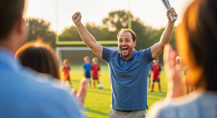 Naklejka premium Excited man cheering with arms raised on soccer field at sunset 