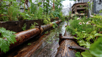 Fototapeta premium Rustic Garden Oasis: A close-up perspective of a rustic garden, showcasing water-filled wooden troughs, lush greenery, and a weathered atmosphere, evoking a sense of tranquility.