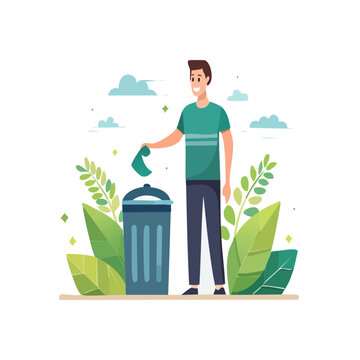Man throwing trash into recycling bin with plants and clouds in the background, promoting eco-friendly habits and environmental awareness for a cleaner planet