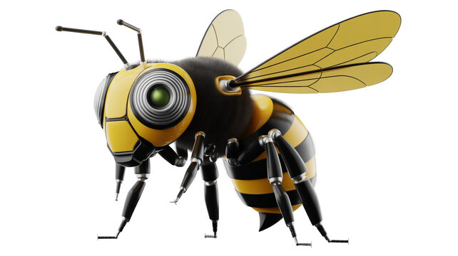 A stylized illustration of a bumblebee with a futuristic, mechanical eye design isolated on white background