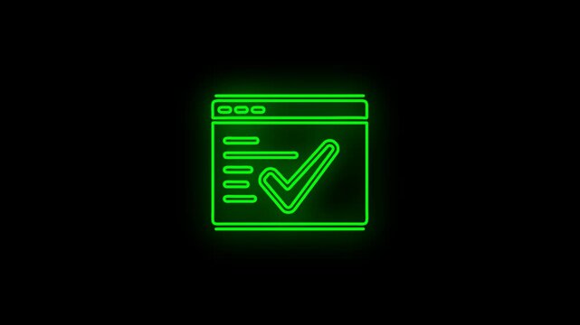 A green neon checkmark icon appears on a browser window against a dark background -Transparent 